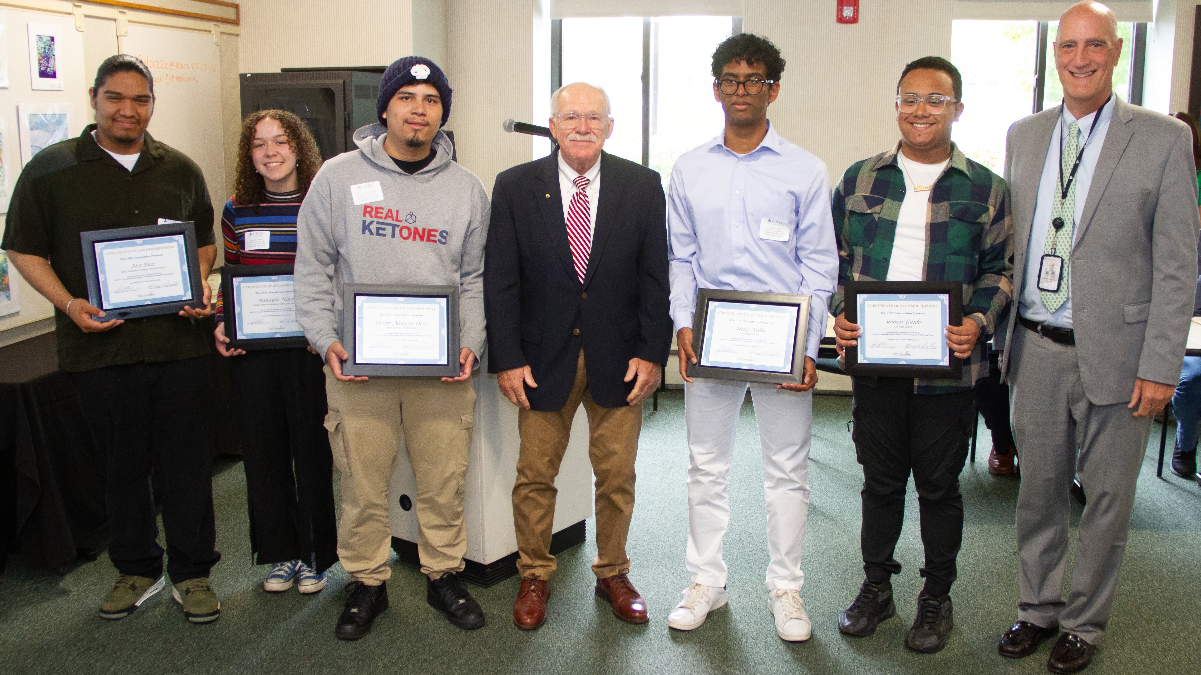 A photo of our Scholarship winners alongside Bruce Douglas and CREC Executive Director Greg Florio